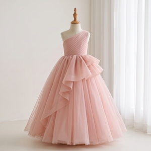 Robe de demoiselle d'honneur Celestique de luxe rose blush à une épaule, corsage plissé, nœud surdimensionné, en tulle, style princesse, robe de bal - Product Image 1