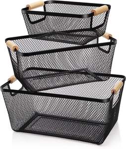 Modern Eco-Friendly Metal Mesh Storage <b>Basket</b> Natural Wood Handles | <b>Rectangular</b> Wire Storage Organizer Bin for Kitchen Pantry - Product Image 1