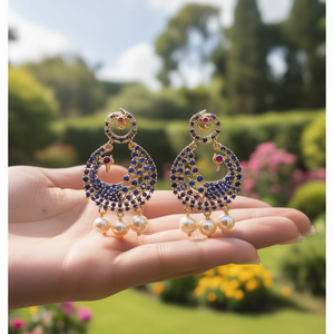 Geometric Rose Gold Earrings with Blue and Ruby Zircon - Product Image 2