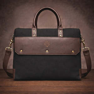 Classic Canvas Laptop Briefcase Gray black Two-Tone Durable Office Business Bag with Leather Handles and Shoulder Strap - Product Image 5