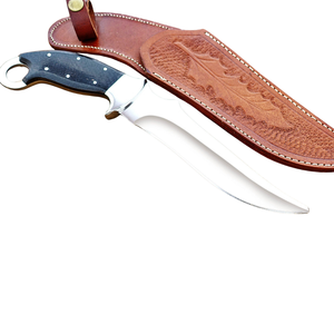 Couteau de chasse artisanal en acier D2, manche en micarta noir, lame fixe polie avec anneau de maintien et étui en cuir marron pour le camping - Product Image 1