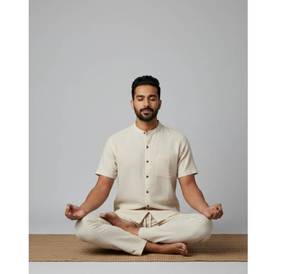 Wholesale Men's Mandarin Collar Linen Cotton yoga we Set Short Sleeve Button <b>Down</b> Shirt Drawstring <b>Trousers</b> Casual 2-Piece - Product Image 2