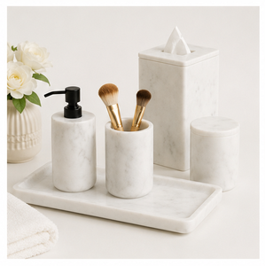 5-Piece Natural White Marble Bathroom Accessory Set Elegant Handcrafted Stone <b>Soap</b> Dispenser Toothbrush <b>Holder</b> For Hotel - Product Image 3