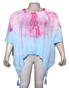 Top de algodón con estampado de flecos para mujer, Túnica femenina de talla grande con cuello redondo, caftán Tie & dye