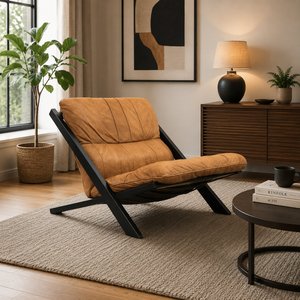 <b>Vintage</b> Brown Faux Leather Accent <b>Chair</b> with Metal Legs for Farmhouse Villa Living Room Bedroom Hotel Furniture - Product Image 4
