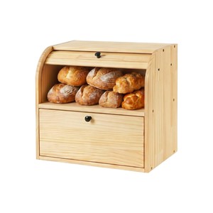 Boîte à pain en bois à 2 niveaux avec couvercle roulant, bac à pain en bois naturel, conteneur de rangement alimentaire, organisateur pour comptoir de cuisine, vente en gros - Product Image 1