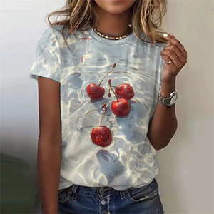 Camiseta de Mujer con Estampado de Frutas Onduladas, Fresa y Sandía, Impresión 3D, Manga Corta, Corte Regular, Transpirable, 100% Algodón Ecológico - Product Image 2