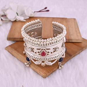 Women's Pink Hydro & Blue Hydro & Kundan Pearl Ethnic Cuff <b>Bracelet</b> | Silver Plated Brass Jewelry - Product Image 5