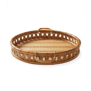 Round Rattan Serving <b>Tray</b> With Handles Eco-Friendly Woven Wicker Storage <b>Basket</b> for Coffee Table Ottoman Breakfast Fruit Platter - Product Image 3