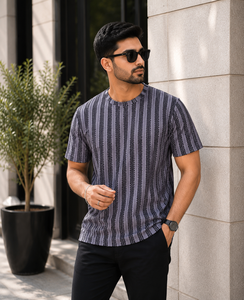 Camiseta de Jersey a Rayas con Cuello Redondo para Hombre, Diseño Superior, Nueva, Corte Regular, Informal, Tejida, Ecológica, de Secado Rápido - Product Image 1
