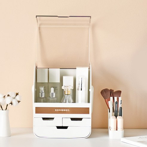 Organisateur de cosmétiques en plastique avec couvercle, 3 tiroirs, boîte de rangement moderne anti-poussière pour maquillage avec support pour rouge à lèvres et pinceaux, fabriqué en Corée - Product Image 2