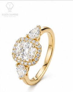 Luxurious cushion halo ring in 18K yellow gold with dazzling cushion diamond round halo and pear side stones couture brilliance - Product Image 2