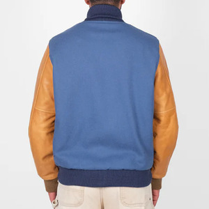 Chaqueta Varsity Azul para Hombre con Mangas de Cuero Marrón, Parche Bordado con Caracteres en la Parte Delantera, Ropa Casual de Otoño - Product Image 3