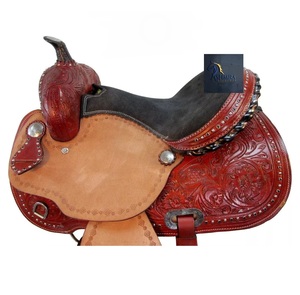 Maroon Tooled Leather Western Barrel Racing Saddle Floral Carving Black Crystal <b>Studded</b> Metal Conchos Seat <b>Plastic</b> 10"-18" Inch - Product Image 5