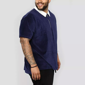 Streetwear OEM Custom Logo Mens High Quality Blue Velvet Polo <b>Shirts</b> Summer Short Sleeve Turndown Rib <b>Collar</b> Zip Men <b>T</b> <b>Shirt</b> - Product Image 2
