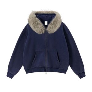 เสื้อแจ็คเก็ตฮู้ดซิปสีน้ำเงินกรมท่าสำหรับผู้ชาย พร้อมปกขนเฟอร์เทียมหนานุ่ม ทรงหลวม สวมใส่สบาย เหมาะสำหรับฤดูหนาว สไตล์สตรีทแวร์  แบบสั่งทำพิเศษ อุ่นสบาย  เสื้อคลุมลำลอง - Product Image 1