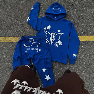 Ensemble de survêtement streetwear personnalisé avec impression en relief pour hommes, 100 % coton, avec pantalon évasé et sweat à capuche - Product Image 2