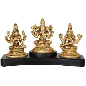Escultura artesanal de 4 pulgadas de latón Lakshmi Ganesha Saraswati Idol para salpicadero de coche hecha en India - Product Image 1