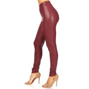 Leggings droits taille haute bordeaux en cuir véritable pour femme, style streetwear, hiver, longueur intégrale, taille élastique, devant plat - Product Image 2