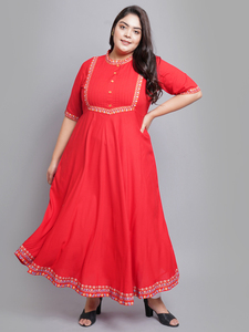 Red Rayon Pintucks Anarkali Kurti With Mandarin Collar And Short Sleeves For Plus Size Women's Stylish Daily Wear - Product Image 1