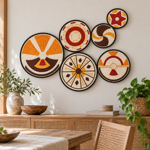Ensemble de 6 décorations murales rondes en jute bohème personnalisables avec des motifs géométriques multicolores pour le salon, vente en gros - Product Image 5