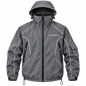 Grey Custom Logo <b>Men</b>’s Hooded Windbreaker <b>Jacket</b> Lightweight Windproof Outdoor Windbreaker <b>Jacket</b> With <b>Reflective</b> Piping - Product Image 1