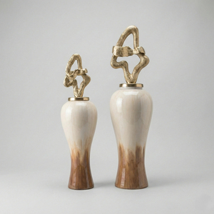 Premium Marble Look Tall Floor <b>Vase</b> <b>Set</b> with Gold Leaf Sculpture Top Luxury Home Hotel Interior Decor Product for Wedding Events - Product Image 5