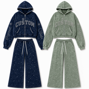 Ensemble de survêtement Y2K pour femme, violet, avec strass scintillants, style vintage délavé à l'acide, comprenant un sweat à capuche court et un pantalon de survêtement large, idéal pour l'été - Product Image 2