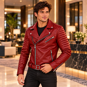 Rote Lederjacke für Herren aus echtem Leder mit Gürtel, Reverskragen und gesteppten Ärmeln, klassische Bikerjacke für Mode und Großhandel. - Product Image 4