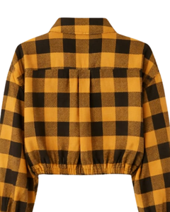 Chemise Courte Femme Personnalisée à Carreaux Buffalo Noir Moutarde, Taille à Cordon, Manches Longues, Boutonnée, Décontractée, Fabricant OEM de Vêtements - Product Image 4