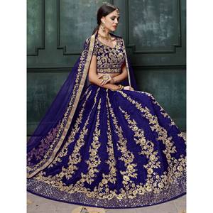 Navy Blue Pearl & Lace Applique Silk <b>Wedding</b> Lehenga Choli for Bride - Product Image 5