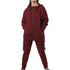 Women's Maroon Hooded Tracksuit Drawstring Closure Solid Color Eco-Friendly 2 1 Design Lightweight Casual <b>Sweatshirt</b> Side - Product Image 1