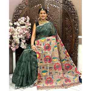 Sari de Lino de Diseño con Estampado Digital Bandhej y Blusa sin Coser, Verde - Product Image 1