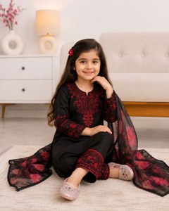 Ensemble Salwar Kameez pakistanais noir pour filles, 3 pièces, avec kurta brodée, dupatta fleuri, tenue pour fête de l'Aïd, mariage - Product Image 2