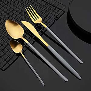 Nuevo juego de cubiertos de tenedor y cuchillo de cuchara con parte trasera real de acero inoxidable con mango largo plano de Metal negro - Product Image 2