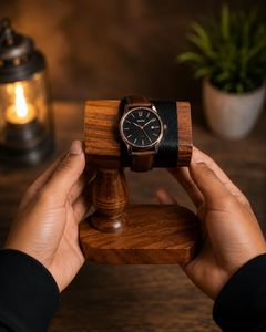Wooden <b>Watch</b> Stand With <b>Black</b> <b>Leather</b> Pad Rectangle Holder Modern Handmade Tabletop Decoration - Product Image 3