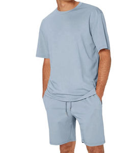 Men's Solid Color Cotton T-Shirt <b>Set</b> Crew Neck Breathable Summer Shorts Light Green <b>Knitted</b> Fabric - Product Image 3