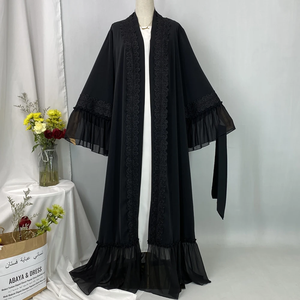 Abaya noire élégante pour femme avec appliques en Nida et ceinture, robe de modeste islamique en mousseline, mode Eid, abaya musulmane - Product Image 2