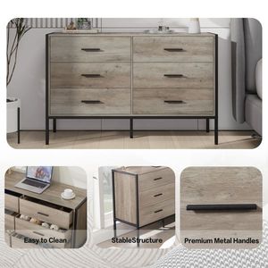 Solid Wood Dresser 6 Drawers Sturdy Steel Frame 48.58"W 15.75" Wooden <b>Storage</b> Closet for Bedroom Elegant Closet for <b>Clothes</b> - Product Image 2