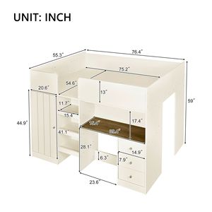 Letto a soppalco beige full-size con armadio integrato, scrivania e scaffali portaoggetti - per dormitori, struttura in legno - Product Image 6