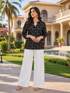 <b>Women</b> Black Paisley Printed <b>Kurta</b> Set with White Palazzo 3/4 Sleeve Loose Fit Casual Ethnic Wear - Product Image 1
