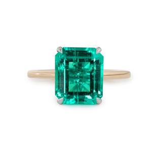 Bague de luxe pour femme en or bicolore 14K, sertie d'un émeraude de laboratoire zambienne 10x8mm certifiée IGI, taille émeraude, avec halo caché. - Product Image 2