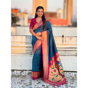 Sari de seda suave de mezclilla Elite Weaves con tejido Paithani Zari, elegante vestido de noche, 650g - Product Image 6