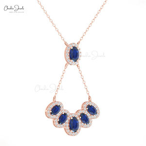 Collar de Alta Calidad con Zafiro Azul de 1.76CTW y Halo de Diamantes Blancos, Elaborado en Oro Real de 14k, Gema de Corte Ovalado, Joyería para Boda - Product Image 4