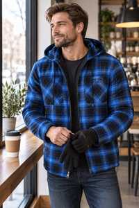 Chemise décontractée à capuche en flanelle à carreaux bleus pour homme, 100 % coton écologique, avec poches poitrine, idéale pour l'hiver - Product Image 6