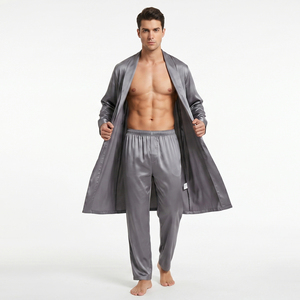 Ensemble de peignoirs en soie satinée pour homme, peignoir à manches longues, ensemble de pyjamas pour homme, vêtements de nuit décontractés en soie, pyjamas deux pièces pour homme - Product Image 4