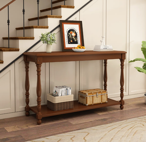 Mesa Consola de Madera de Mango Tallada al por Mayor con Estante de Almacenamiento, Acabado Pulido Marrón para Entrada y Sala de Estar - Product Image 3