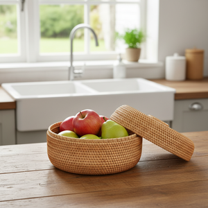 Eco Style Rattan Basket with Lid Handwoven Fruit Serving Basket <b>for</b> Kitchen Dining and Home Decor <b>Storage</b> - Product Image 1