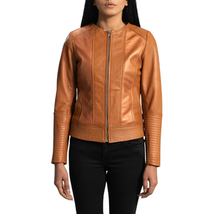 Women's Tan Brown Genuine Leather <b>Racer</b> <b>Jacket</b> Stand Collar Zipper Moto Biker Coat Sheepskin - Product Image 5