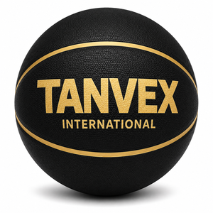 Ballon de basketball TANVEX INTERNATIONAL noir avec logo doré, revêtement en PVC, chambre à air en caoutchouc naturel, taille et poids personnalisables (600-650g) - Product Image 1
